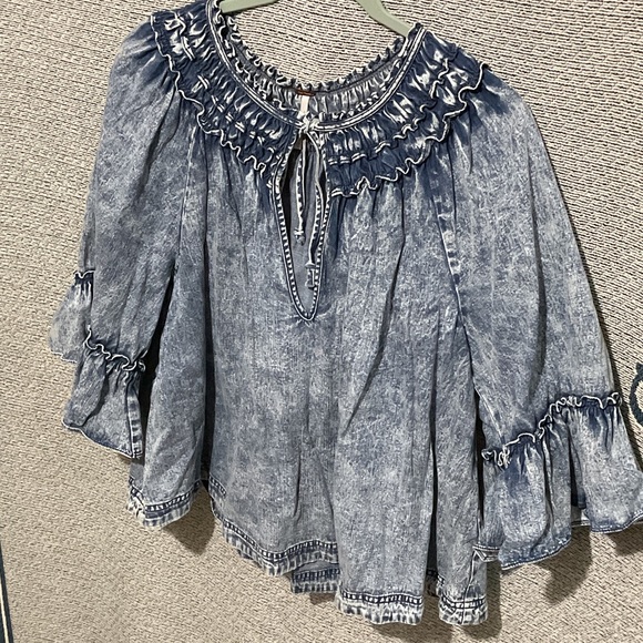 Free People Tops - Free People Blue Washed Denim Peasant Blouse
